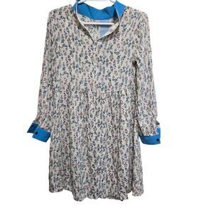 Floral A-Line Mini Dress Blue Contrast Collar Small